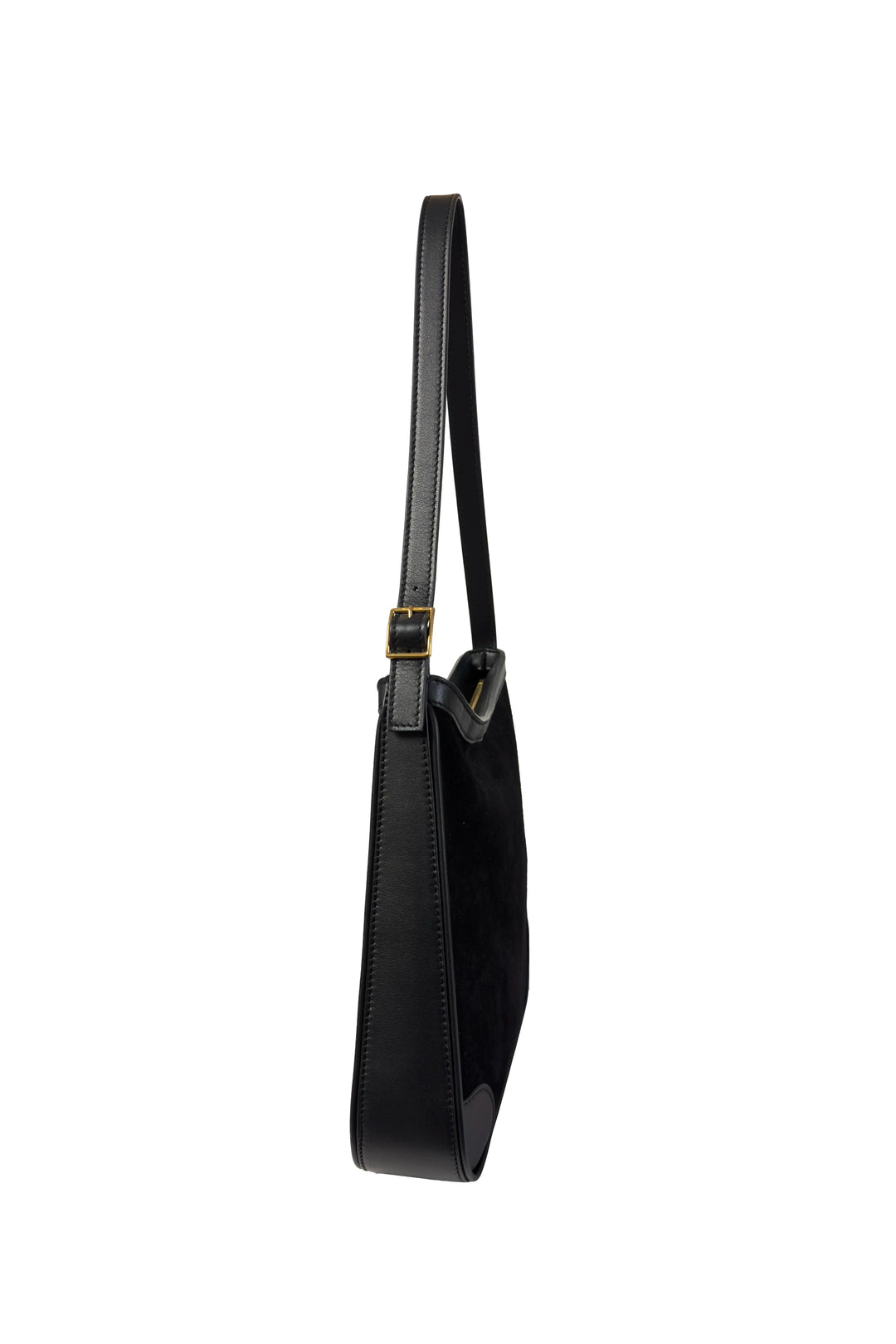 Black leather handbag with a strap on a white background