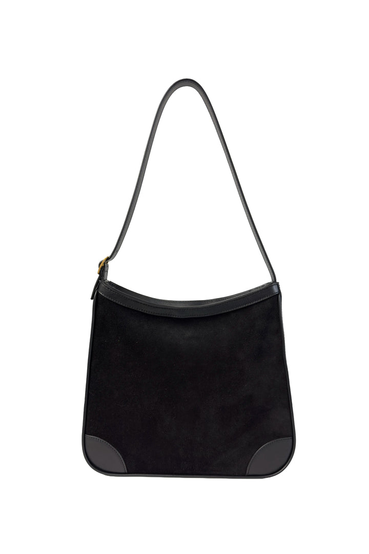 Black shoulder bag with a strap on a white background