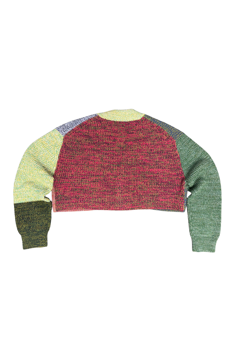 Color-blocked sweater with green, red, and beige sections on a white background