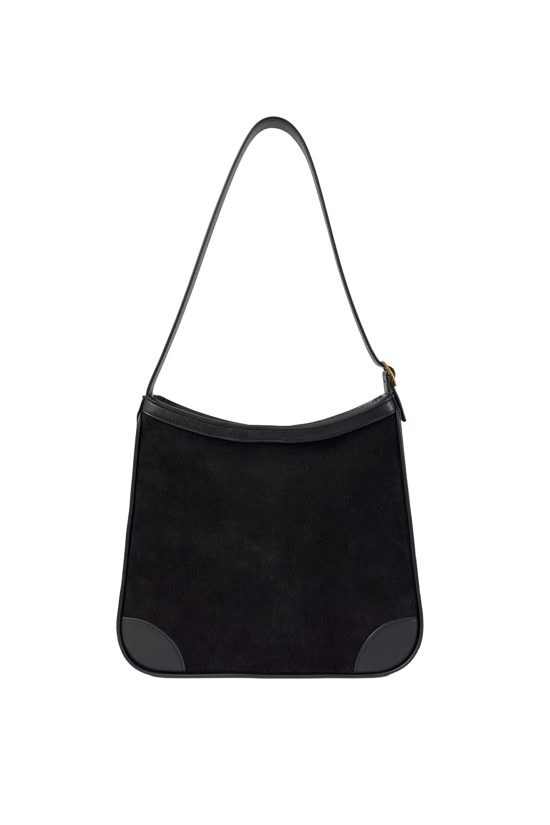 Black shoulder bag with gray accents on a white background