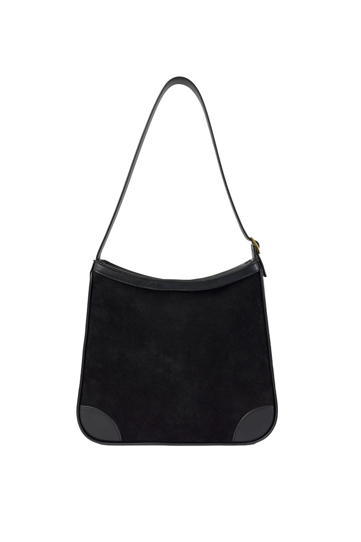 Black shoulder bag with gray accents on a white background