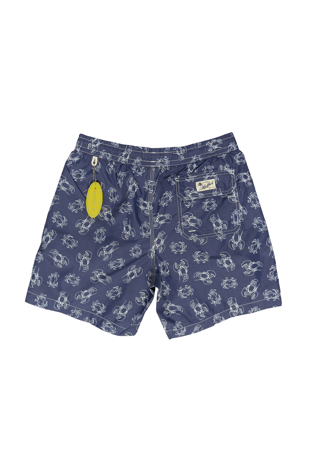 Navy shorts with white pattern on a white background