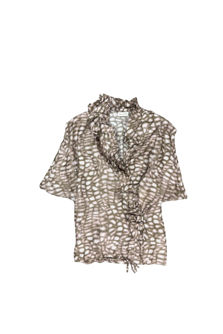 A short-sleeved floral patterned top by Dries Van Noten, predominantly in brown and white colors.