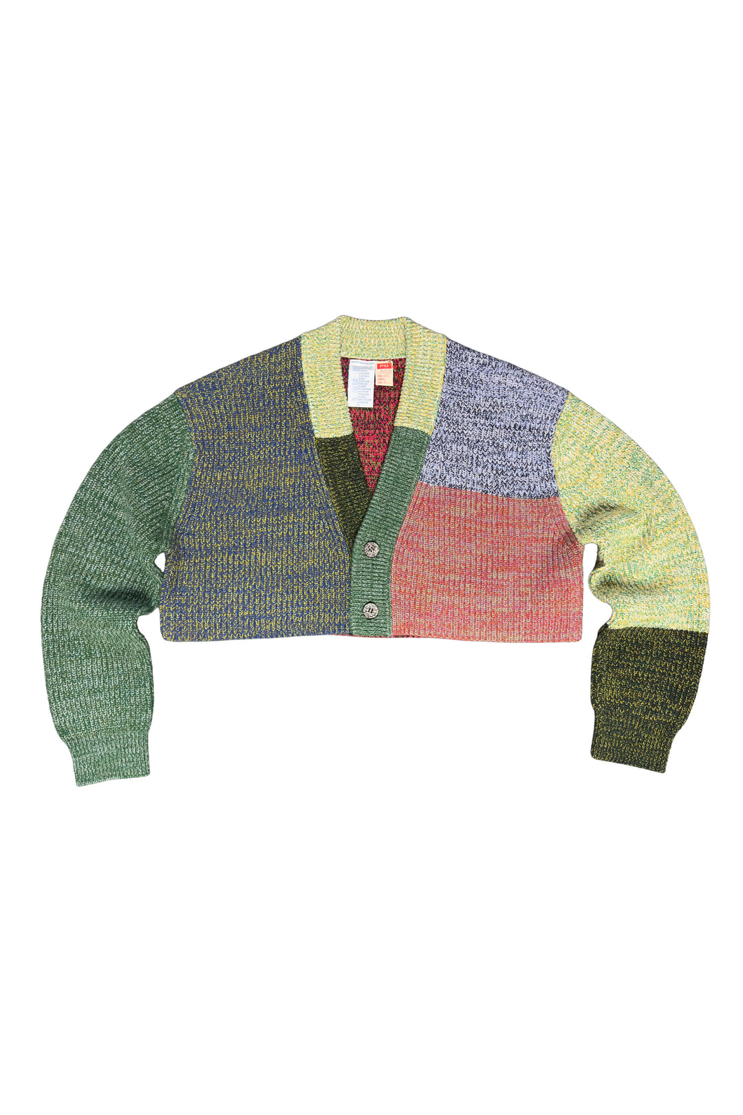 Color-blocked sweater with green, red, and gray sections on a white background