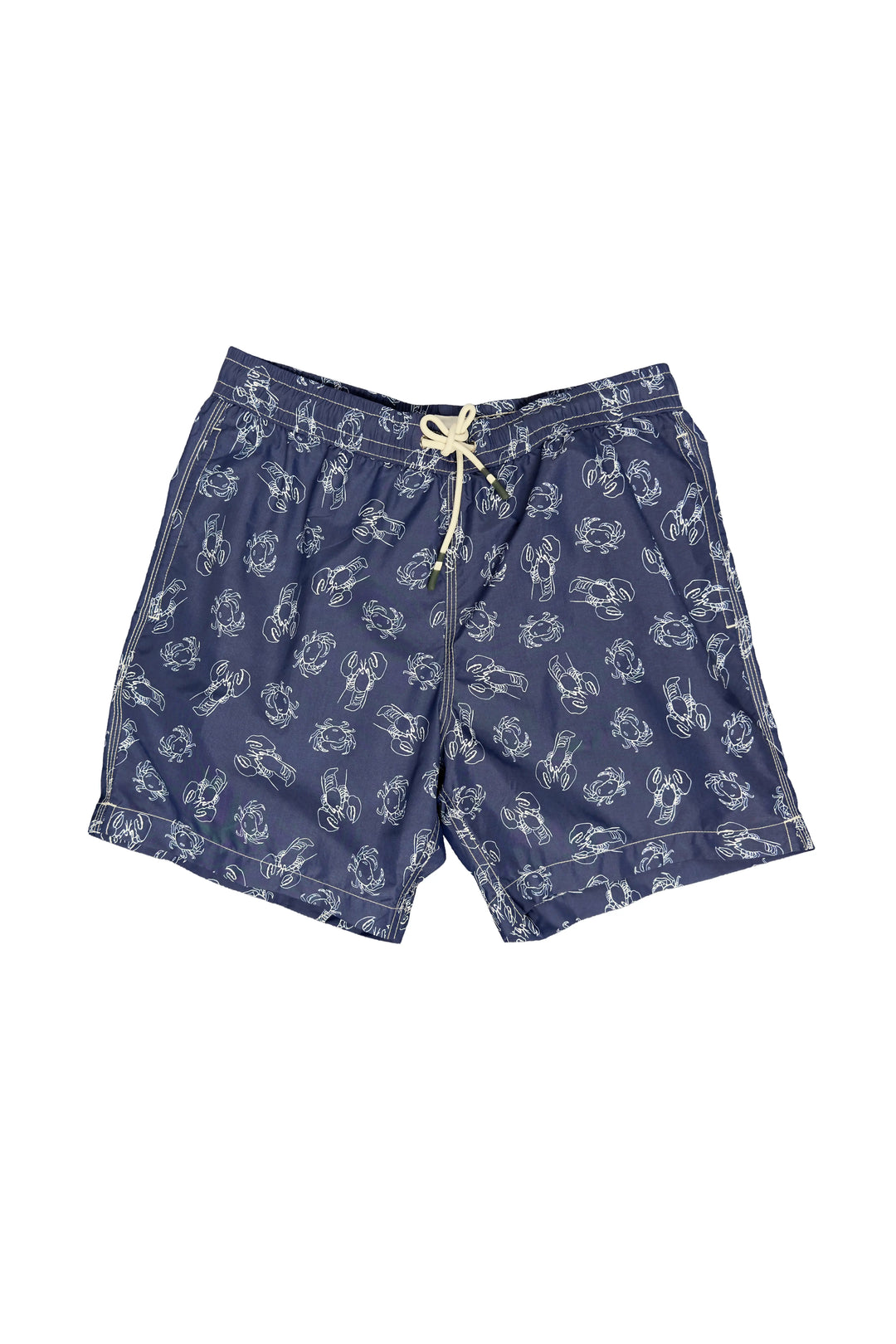 Navy blue shorts with white patterns on a white background