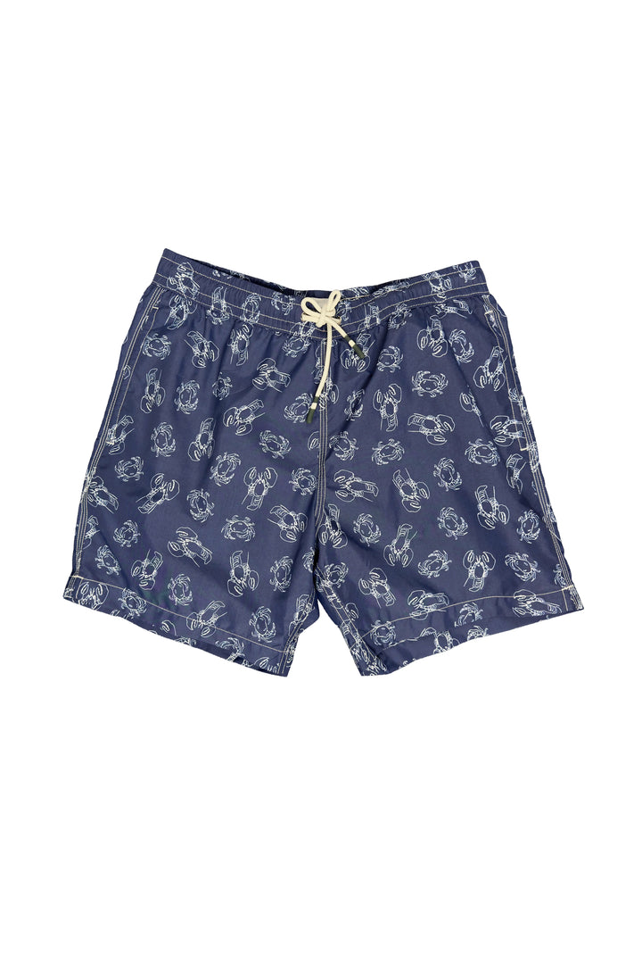 Navy blue shorts with white patterns on a white background