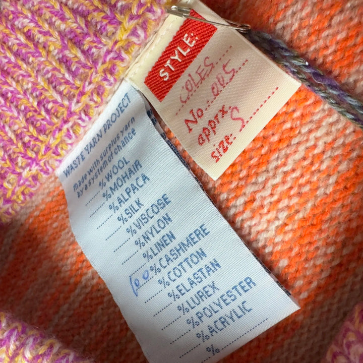 Yarn label with fiber content details on a textured fabric background