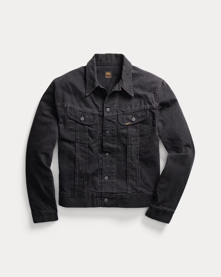 Black denim jacket on a light gray background