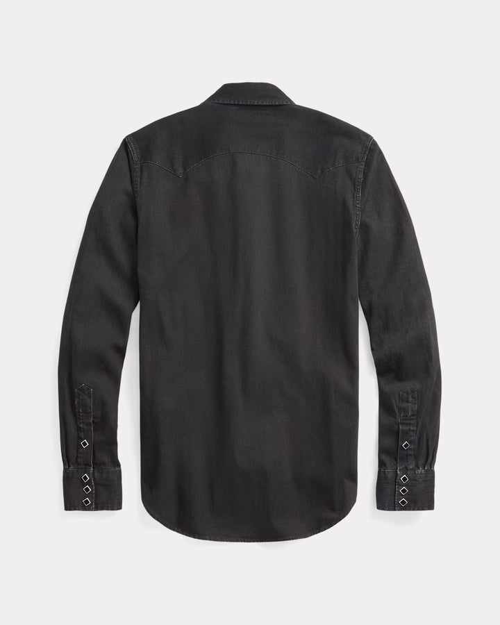 Black button-up shirt on a light gray background